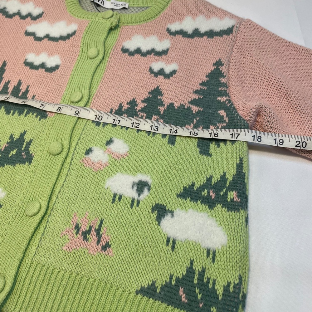 ZARA Women's Knit Jacquard Fuzzy Sheep Landscape Cardigan Pink Green Size S‎ - Picture 5 of 16